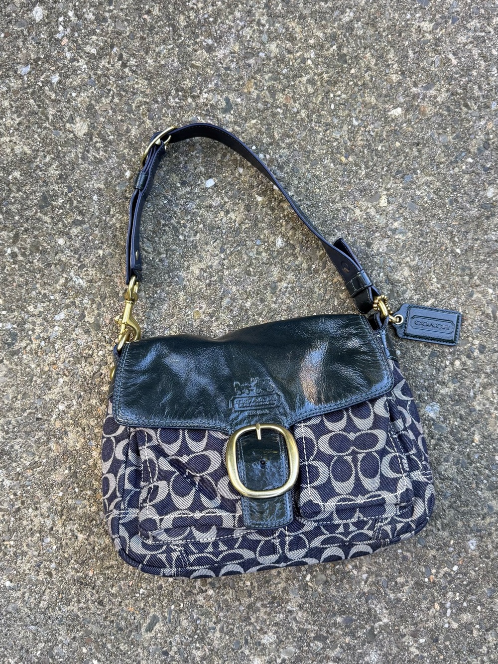 Coach Signature Denim Bleecker Flap Blue Patent Leather Shoulder Bag